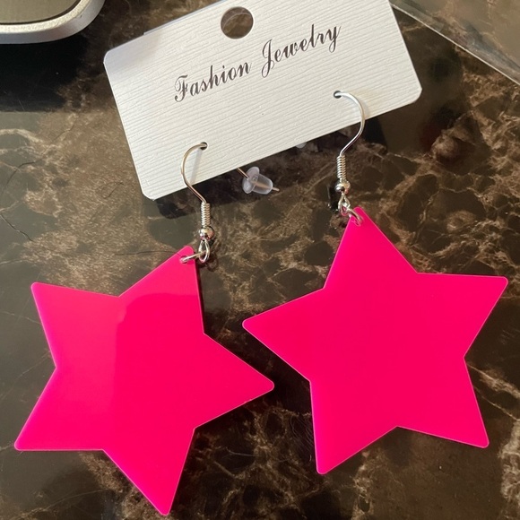 Pink Acrylic Star Silver Hook Earrings - Picture 8 of 14
